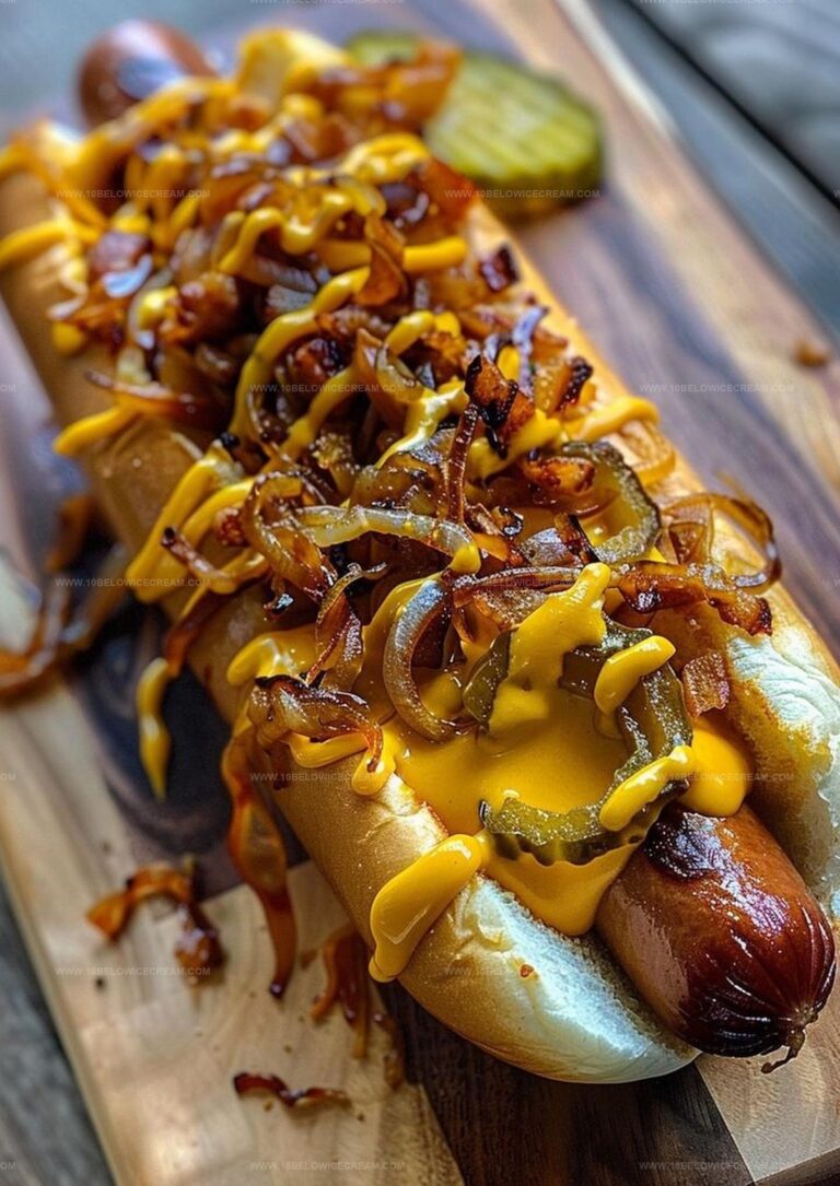 Cheesy Hot Dogs with Pickle Mustard Sauce & Crispy Onions Recipe