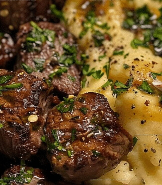 Stepwise Instructions For Garlic Butter Steak Bites And Mash